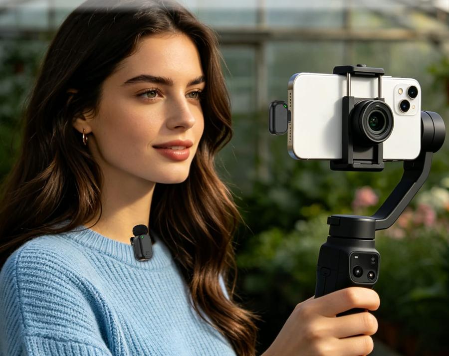 Creator wearing the mic while filming on a gimbal