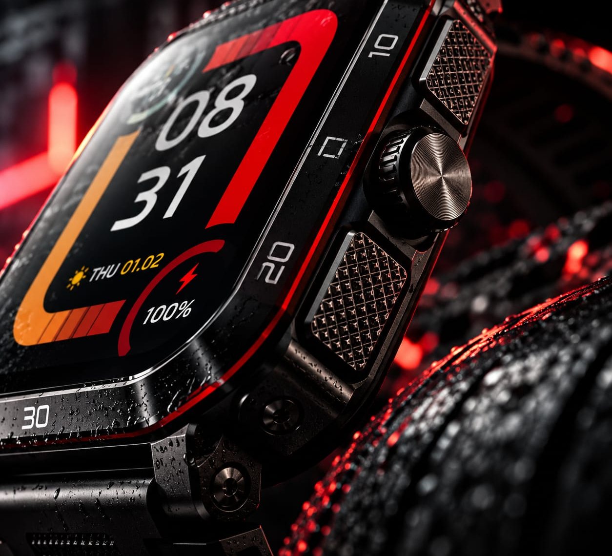 Macro close-up of the crown, textured side buttons and bezel scale