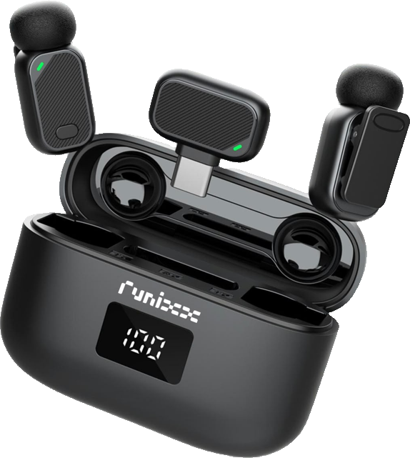 runixx charging case with two clip-on microphones and a USB-C receiver